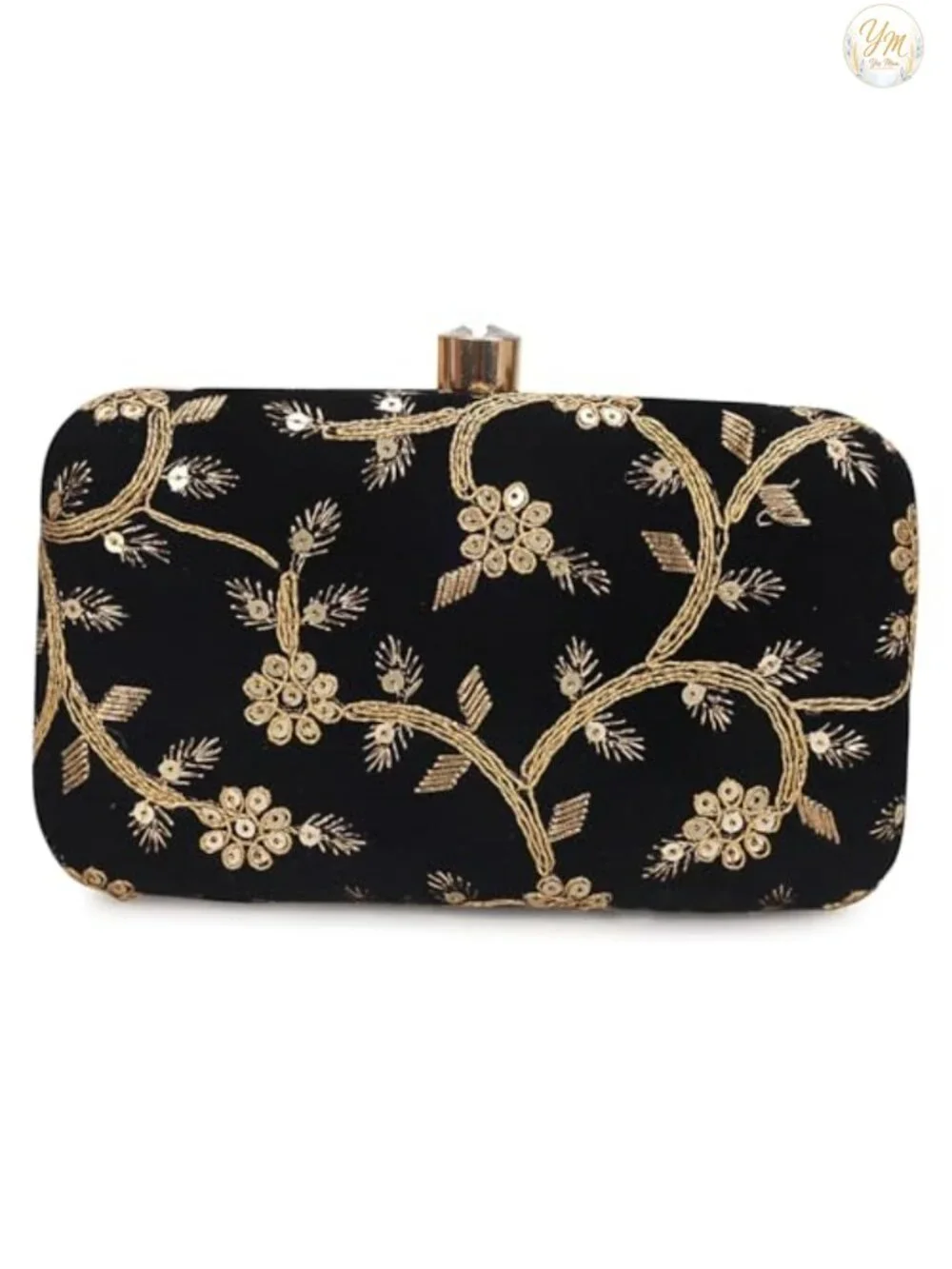 Hand Crafted Embroidered Box Clutch with Crystal Clasp and Chain Strap